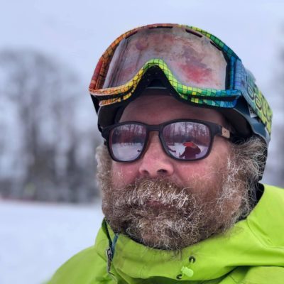 The author skiing